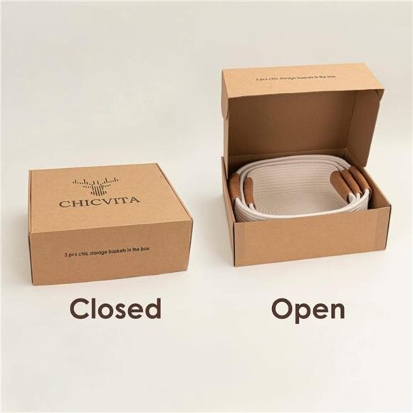 3 Pack Rectangle Cotton Rope Woven Basket with Handles for Books, Magazines - Picture 5 of 8